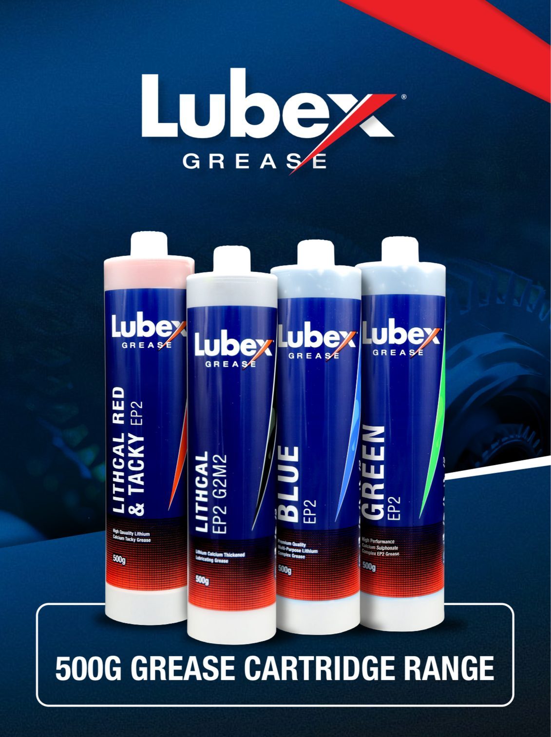 Lubex 500g grease cartridge range, stocked at JSM